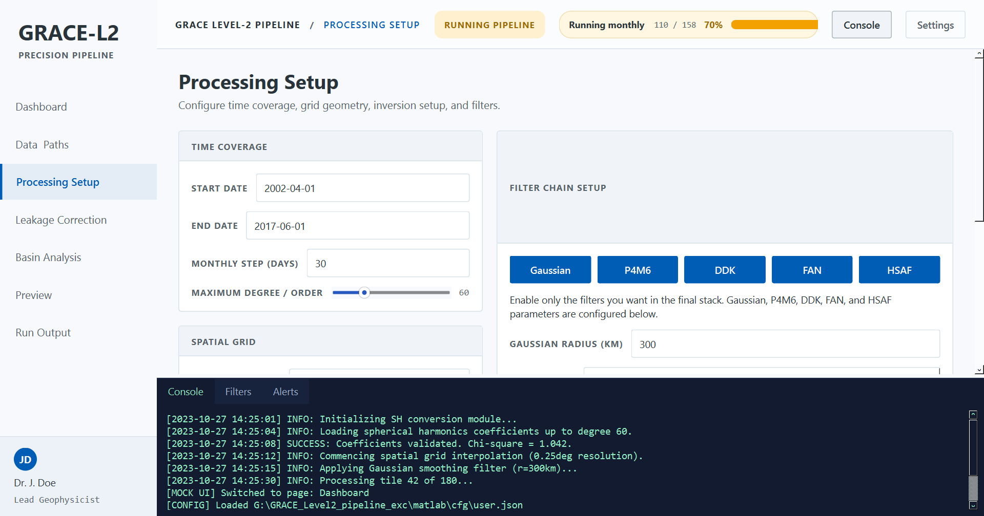 GRACE processing setup screen